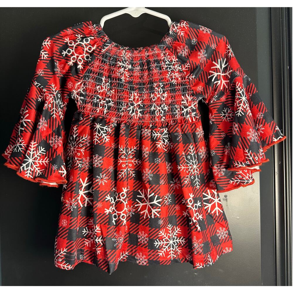 🌻NWT Boutique Girls 2XS/6-9M Smocked Dress Red Black Plaid with White Snowflake